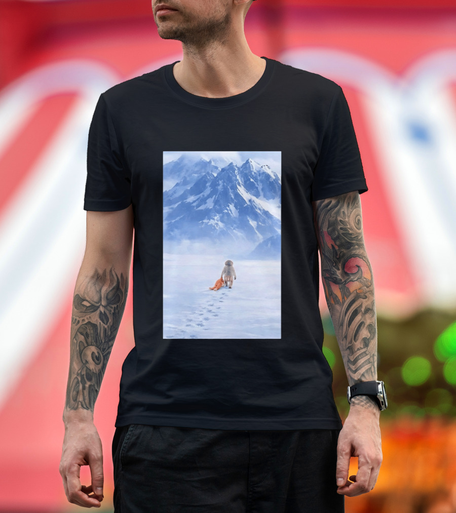 Monkey Holding Stuffed Monkey Alone Walking In Snowy Mountains T-Shirt