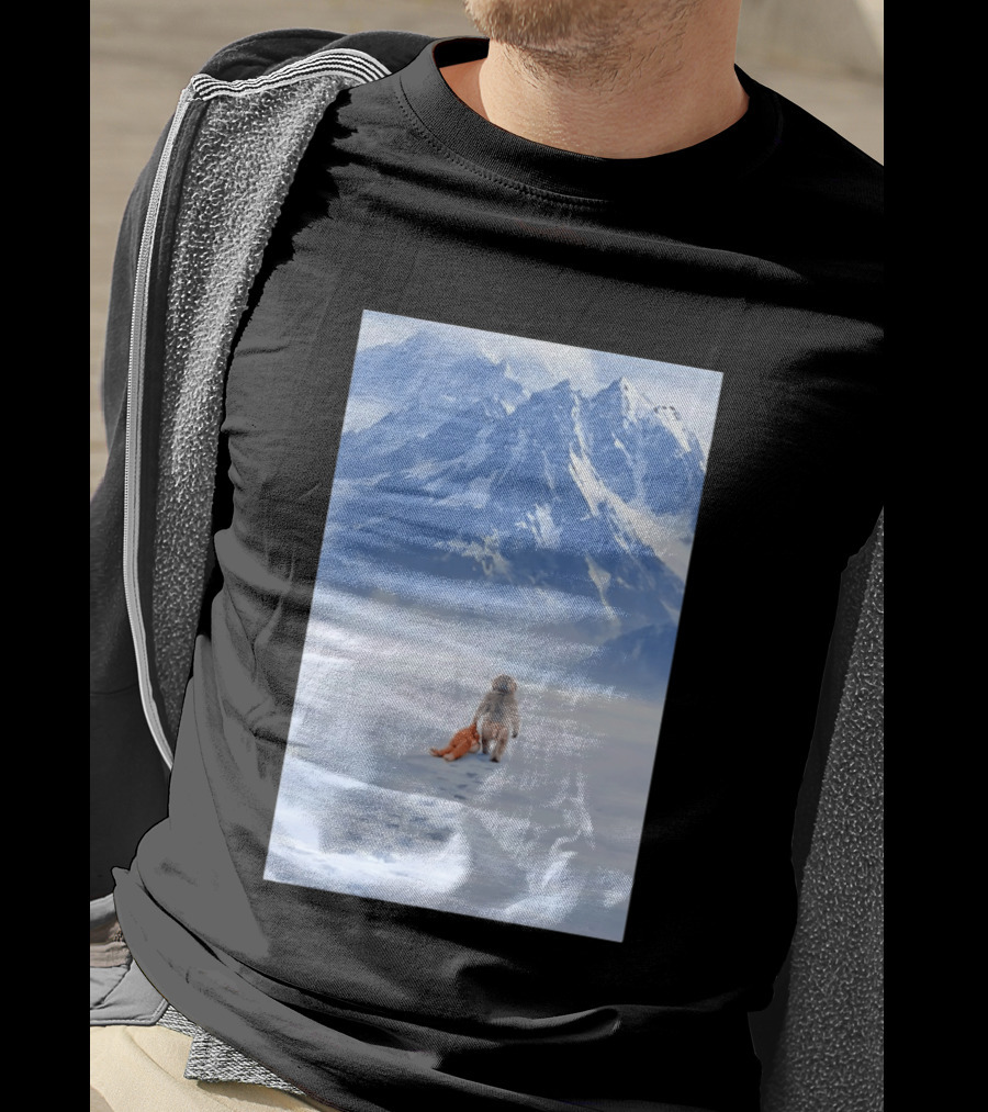 Monkey Holding Stuffed Monkey Alone Walking In Snowy Mountains T-Shirt