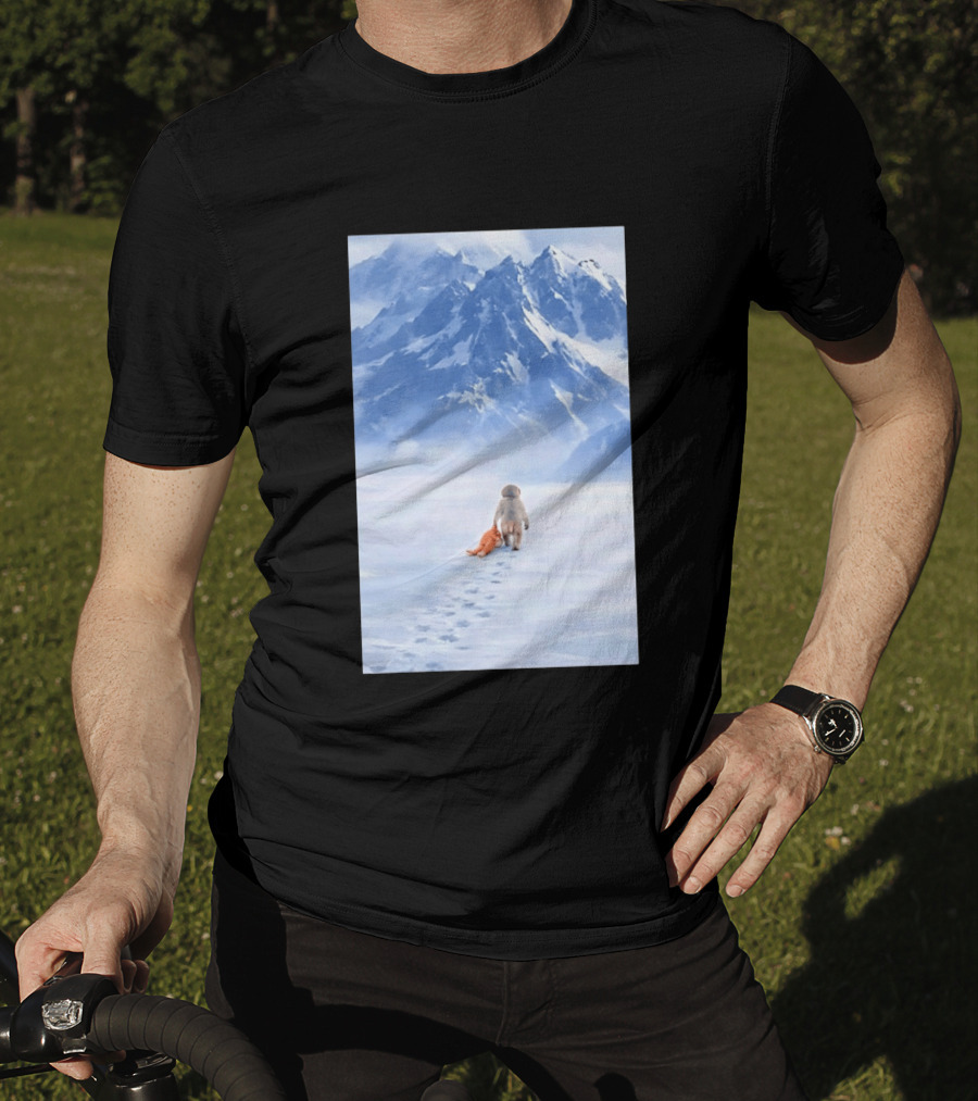 Monkey Holding Stuffed Monkey Alone Walking In Snowy Mountains T-Shirt