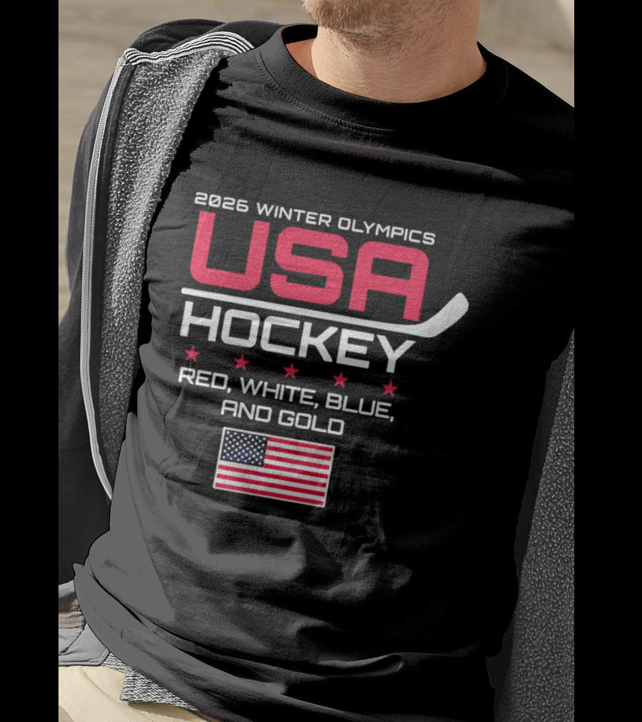 2026 Winter Olympics USA Hockey Red White Blue And Gold American Flag T-Shirt