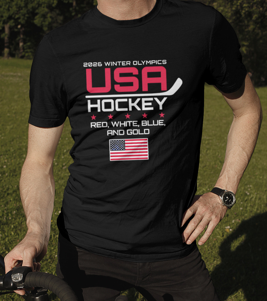2026 Winter Olympics USA Hockey Red White Blue And Gold American Flag T-Shirt