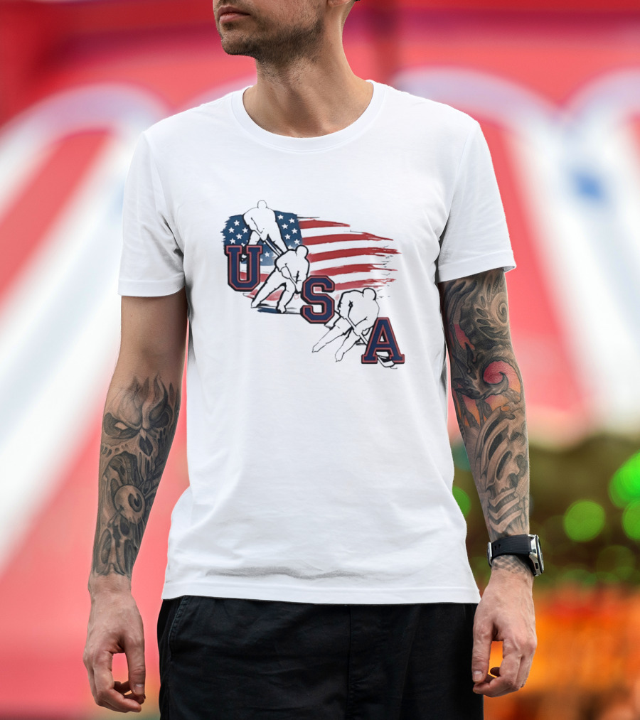 USA Olympic Gold Medal Hockey American Flag Hockey Players T-Shirt
