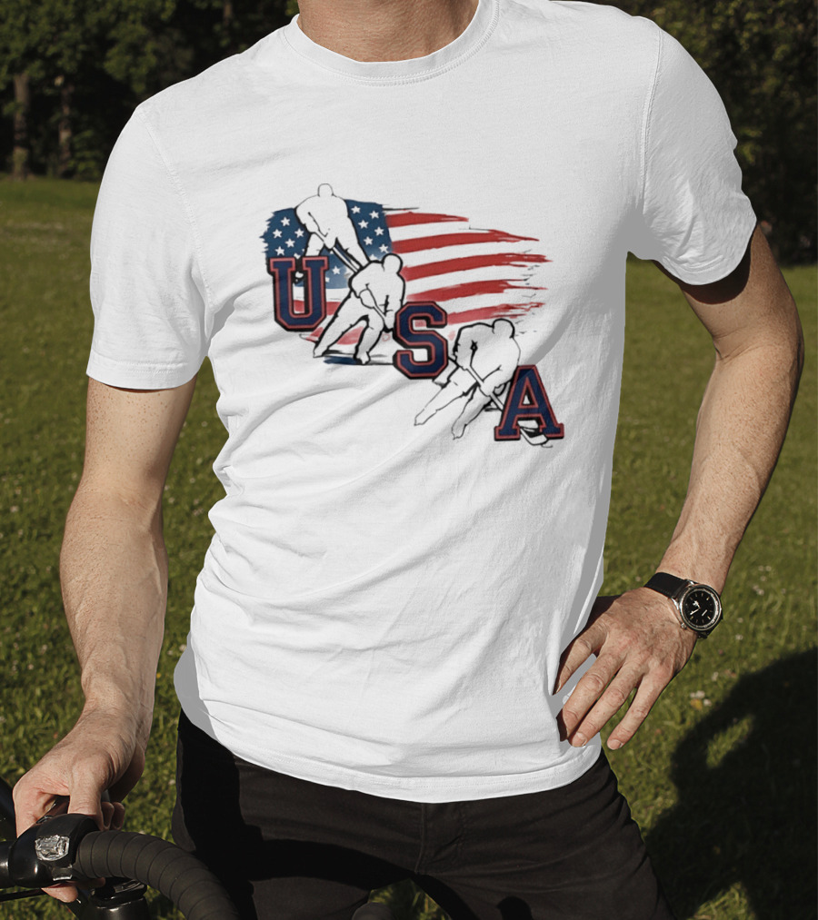 USA Olympic Gold Medal Hockey American Flag Hockey Players T-Shirt