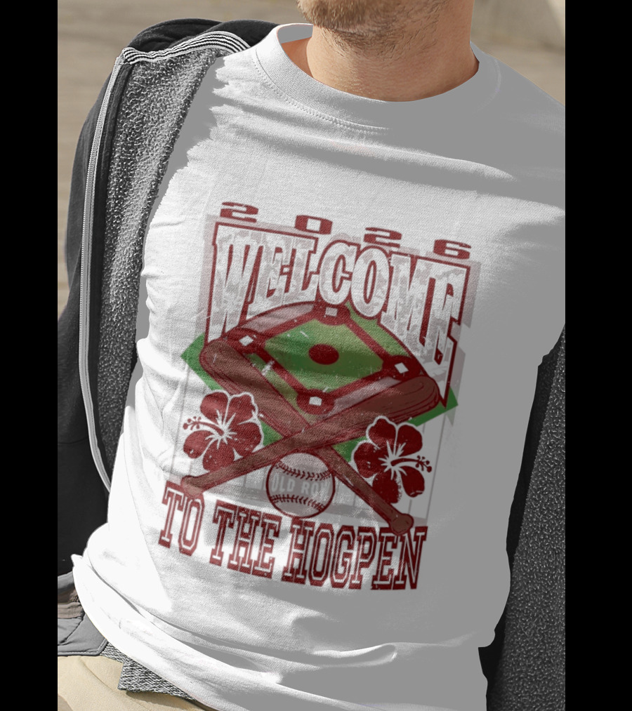 Arkansas Razorback Welcome To The Hogpen Baseball Field Floral Crossed Bats T-Shirt