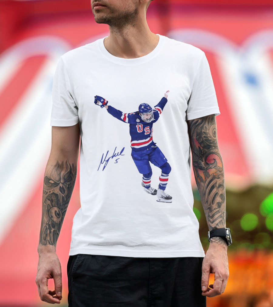 USA Team Hockey Megan Keller Blue Uniform Celebration T-Shirt