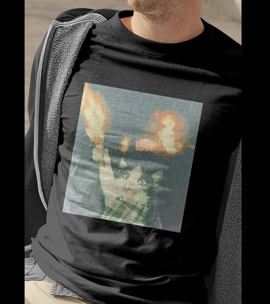Rebellious Cat Riot Scene With Flaming T-Shirt
