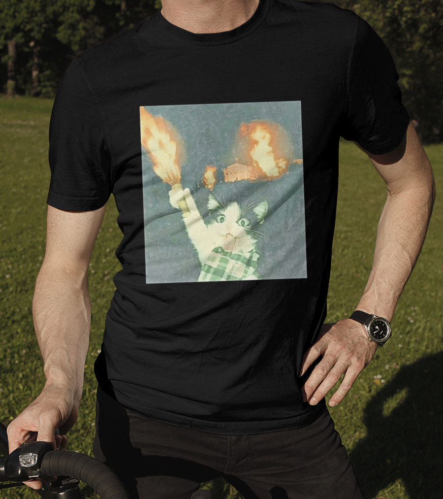 Rebellious Cat Riot Scene With Flaming T-Shirt
