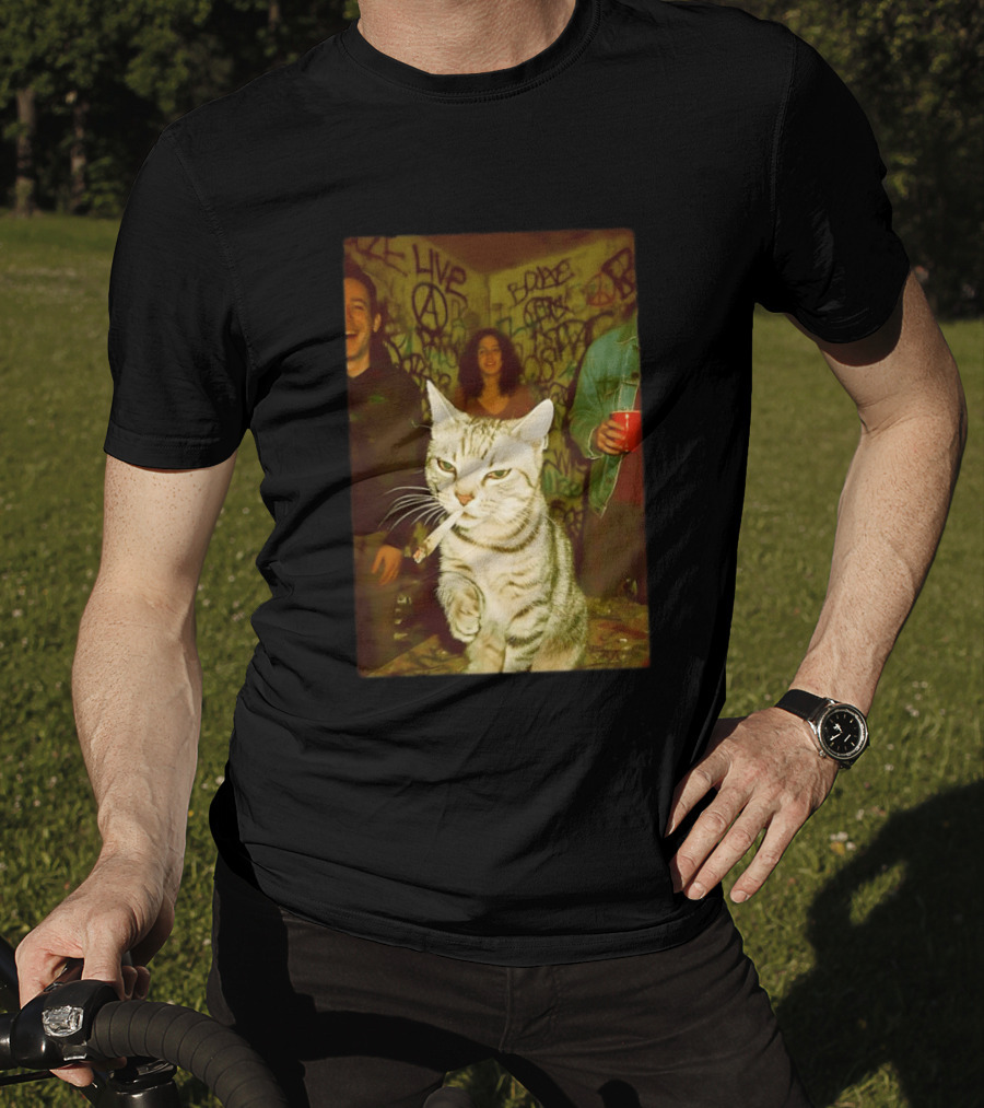 Smoking Tabby Cat Live Punk Party Scene T-Shirt