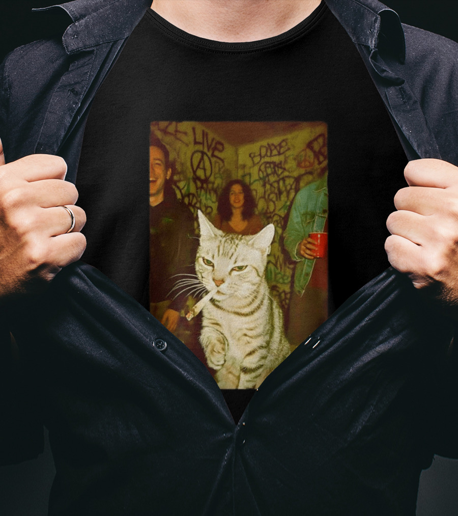 Smoking Tabby Cat Live Punk Party Scene T-Shirt
