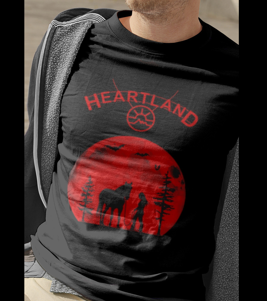 Heartland Ranch Red Moon Horse And Human Silhouette With Trees And Bats T-Shirt