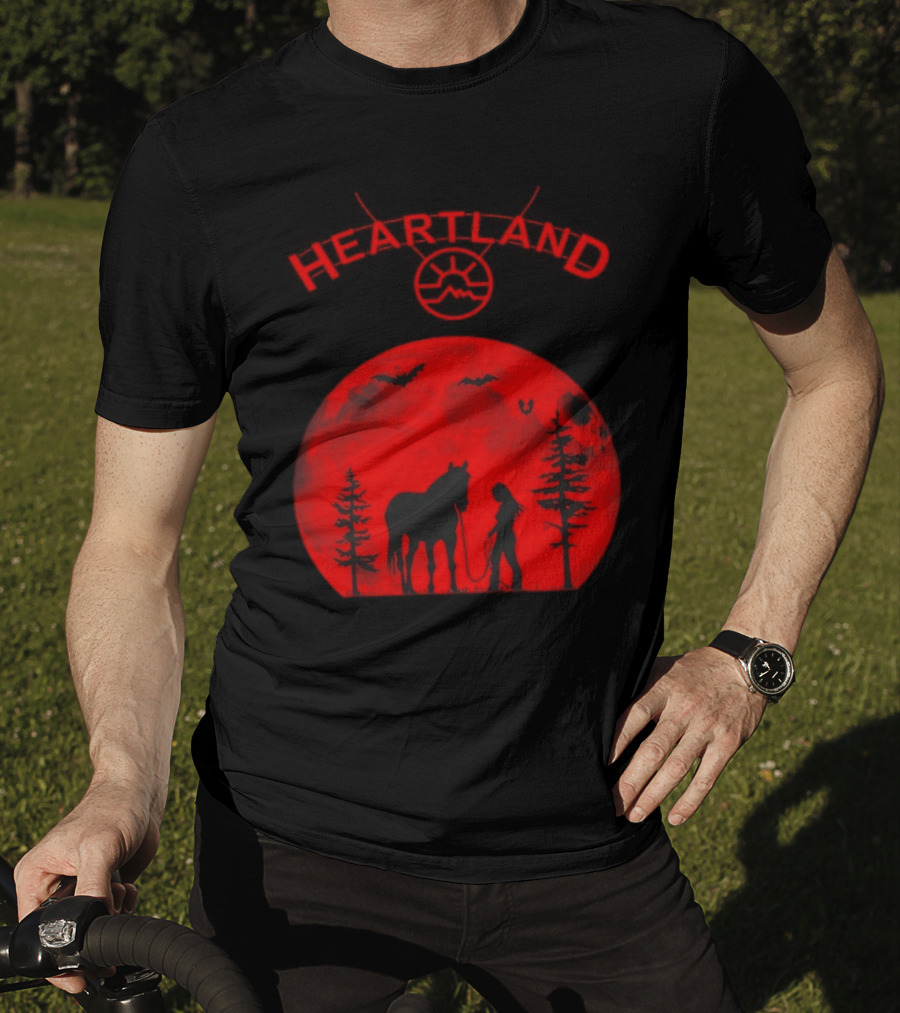 Heartland Ranch Red Moon Horse And Human Silhouette With Trees And Bats T-Shirt
