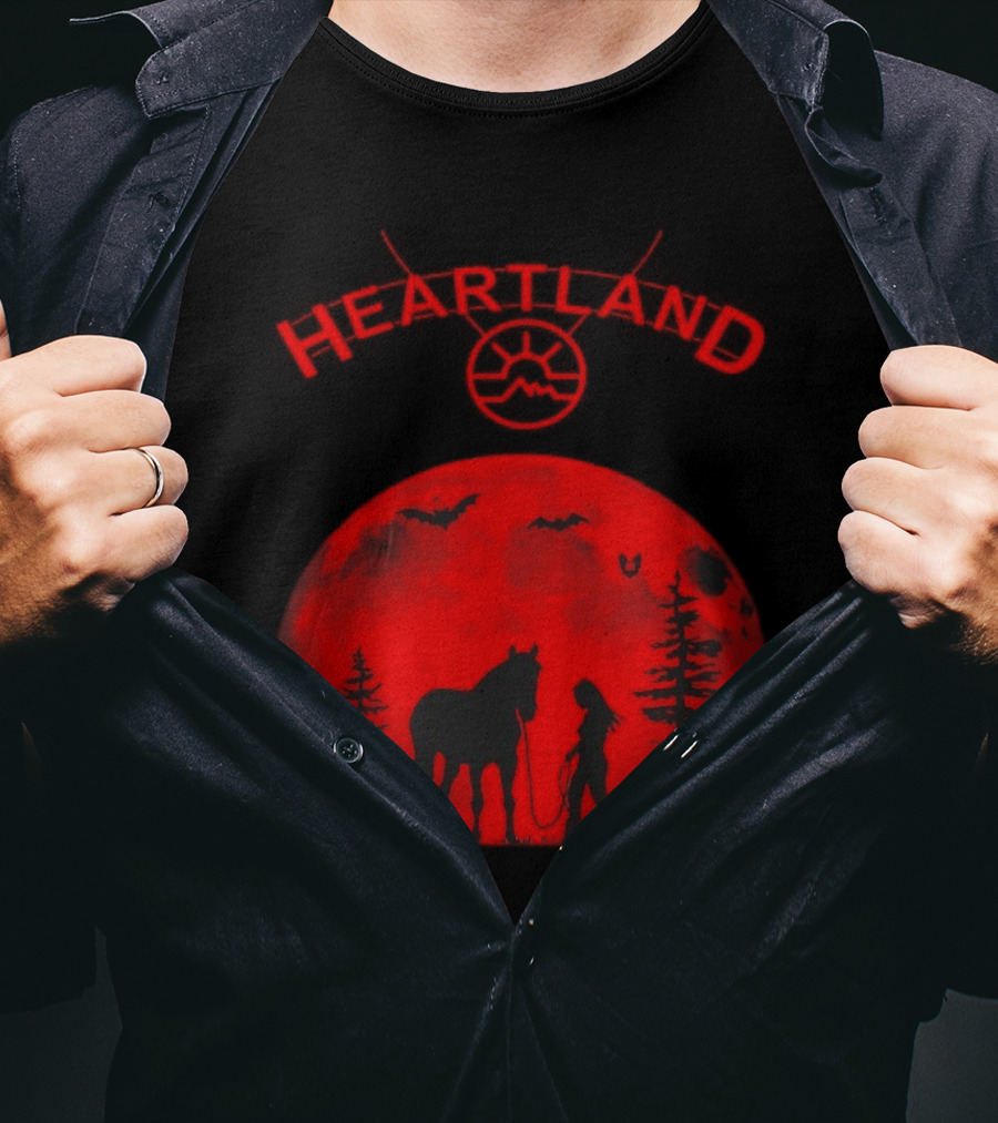 Heartland Ranch Red Moon Horse And Human Silhouette With Trees And Bats T-Shirt