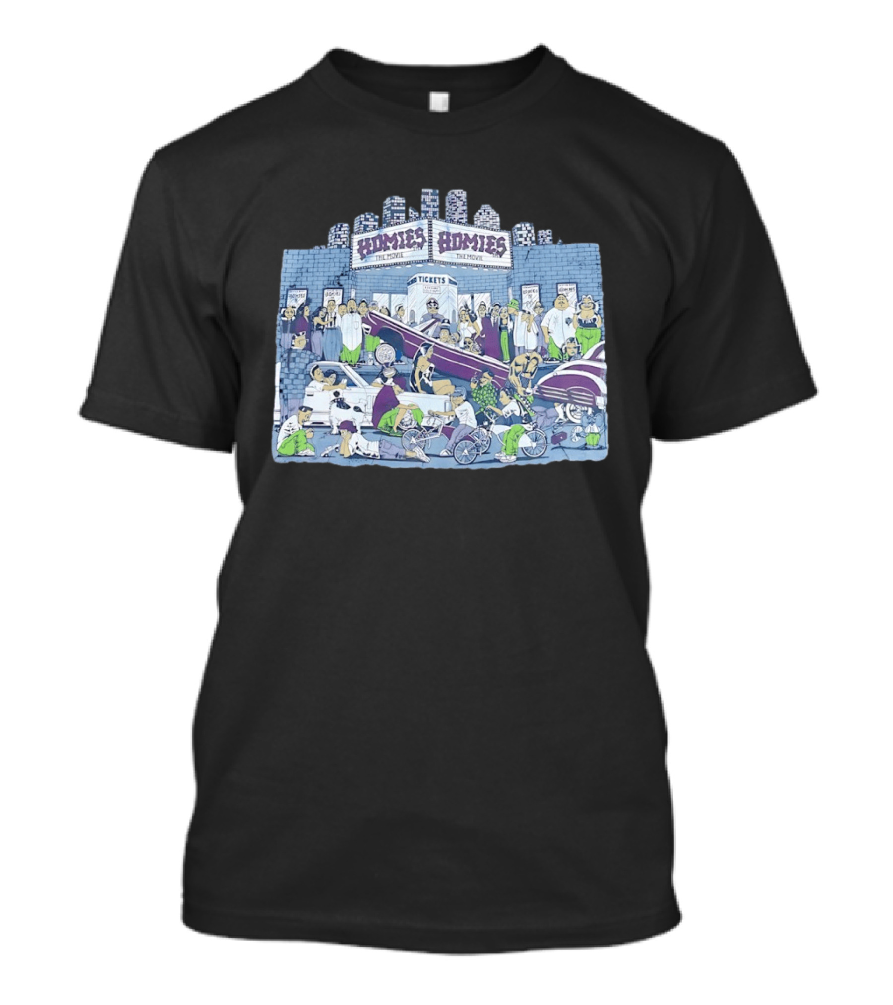 Homies The Movie Tickets Crowd Scene Skyscrapers Lowriders Bicycles T-Shirt