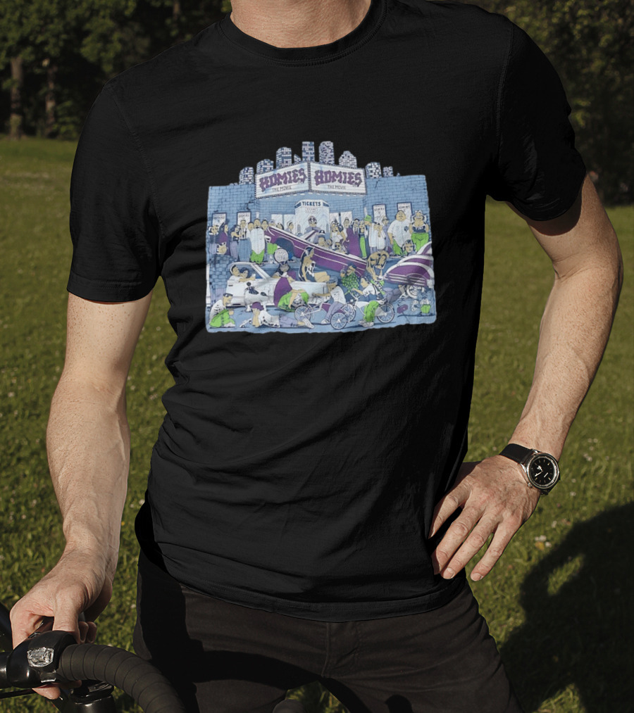 Homies The Movie Tickets Crowd Scene Skyscrapers Lowriders Bicycles T-Shirt
