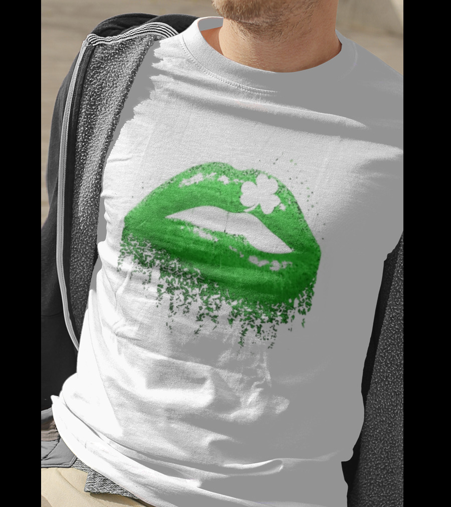 St Patrick's Day Green Lips Shamrock Shape T-Shirt