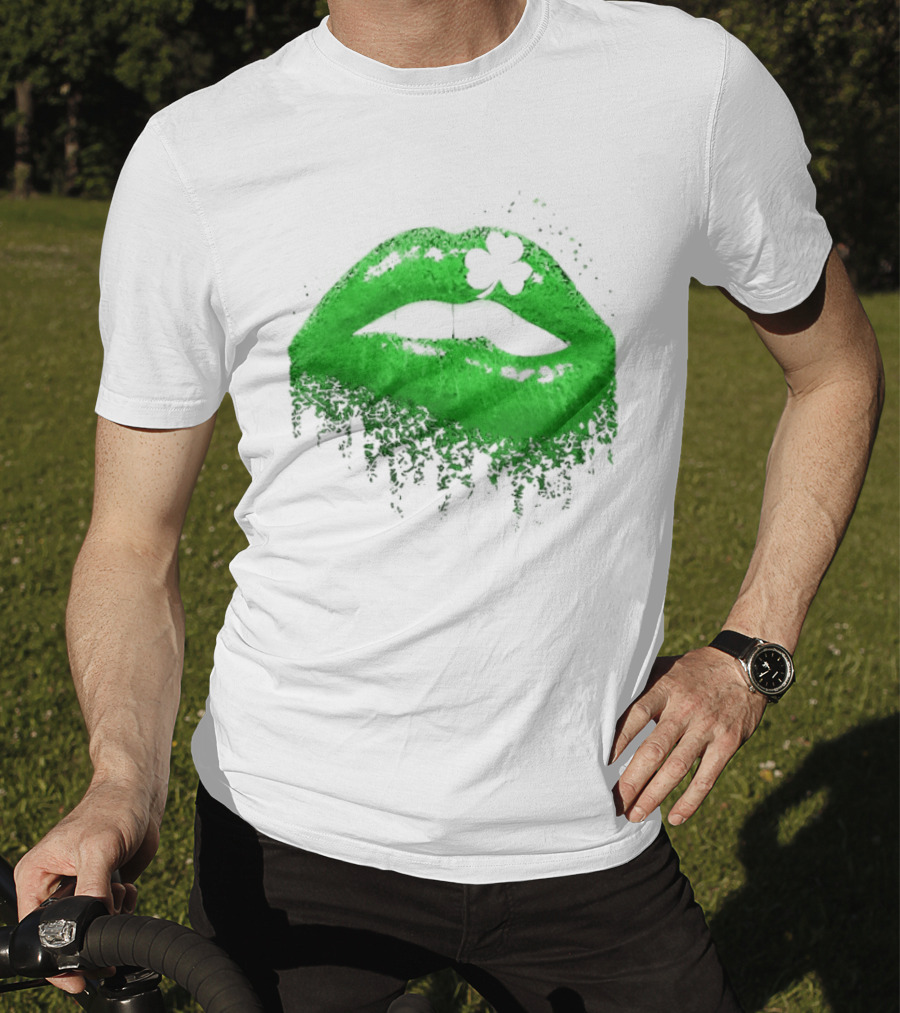 St Patrick's Day Green Lips Shamrock Shape T-Shirt