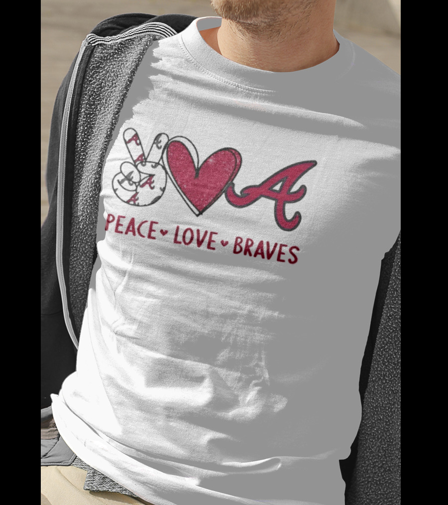 Atlanta Braves Peace Love Hand Sign Heart Shape T-Shirt