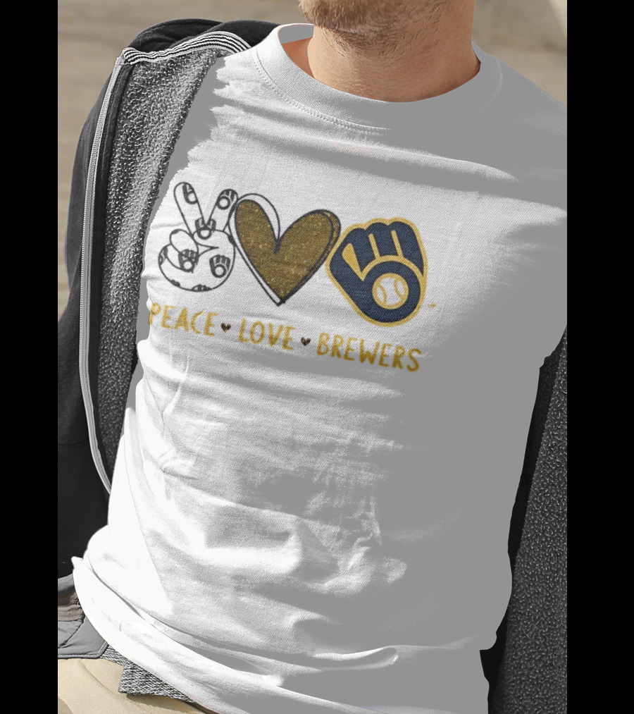 Milwaukee Brewers Peace Love Hand Sign Heart Shape T-Shirt