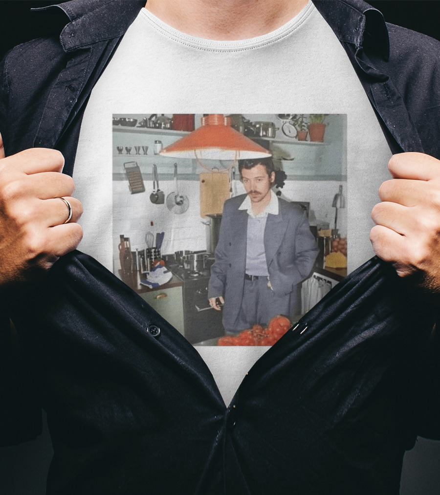 Harry Cooking In Stylish Kitchen With Suit And Vegetables T-Shirt