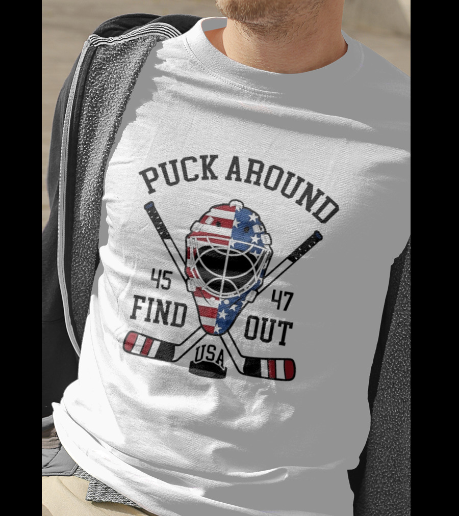 Puck Around Find Out USA Stars Stripes Helmet 45 47 Hockey T-Shirt