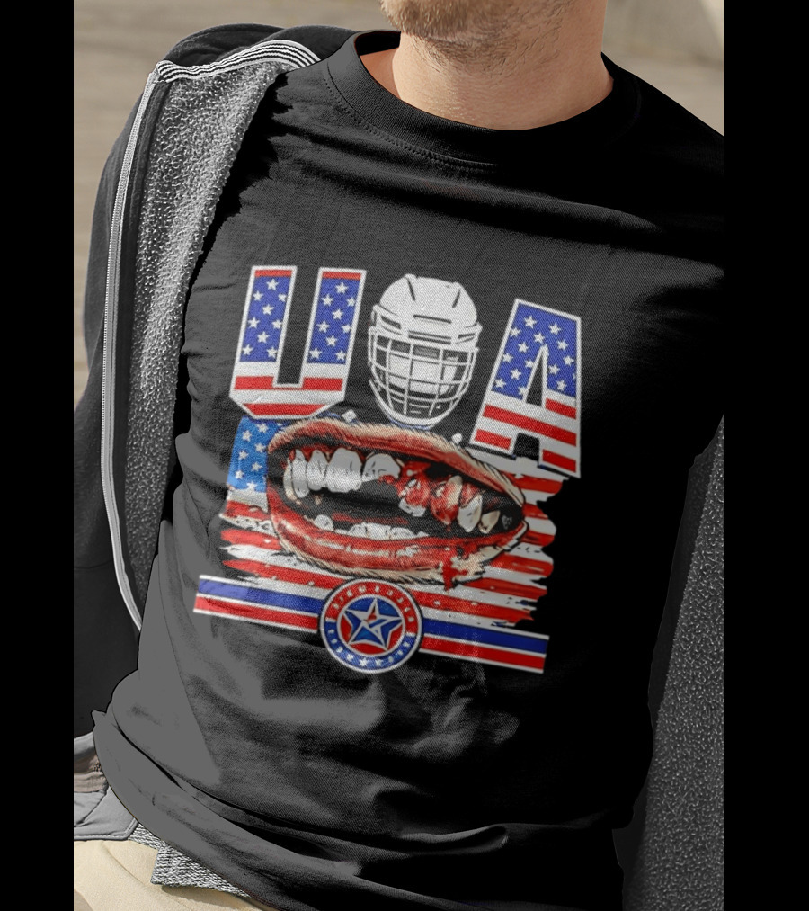 USA Hockey Helmet Bloody Teeth Mouth Stars Stripes Flag T-Shirt