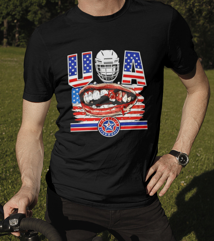 USA Hockey Helmet Bloody Teeth Mouth Stars Stripes Flag T-Shirt