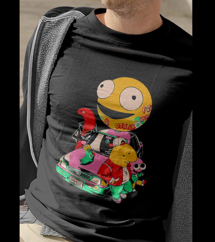 Pac Man Inspired Japanese Characters And Vintage Car Adventure T-Shirt