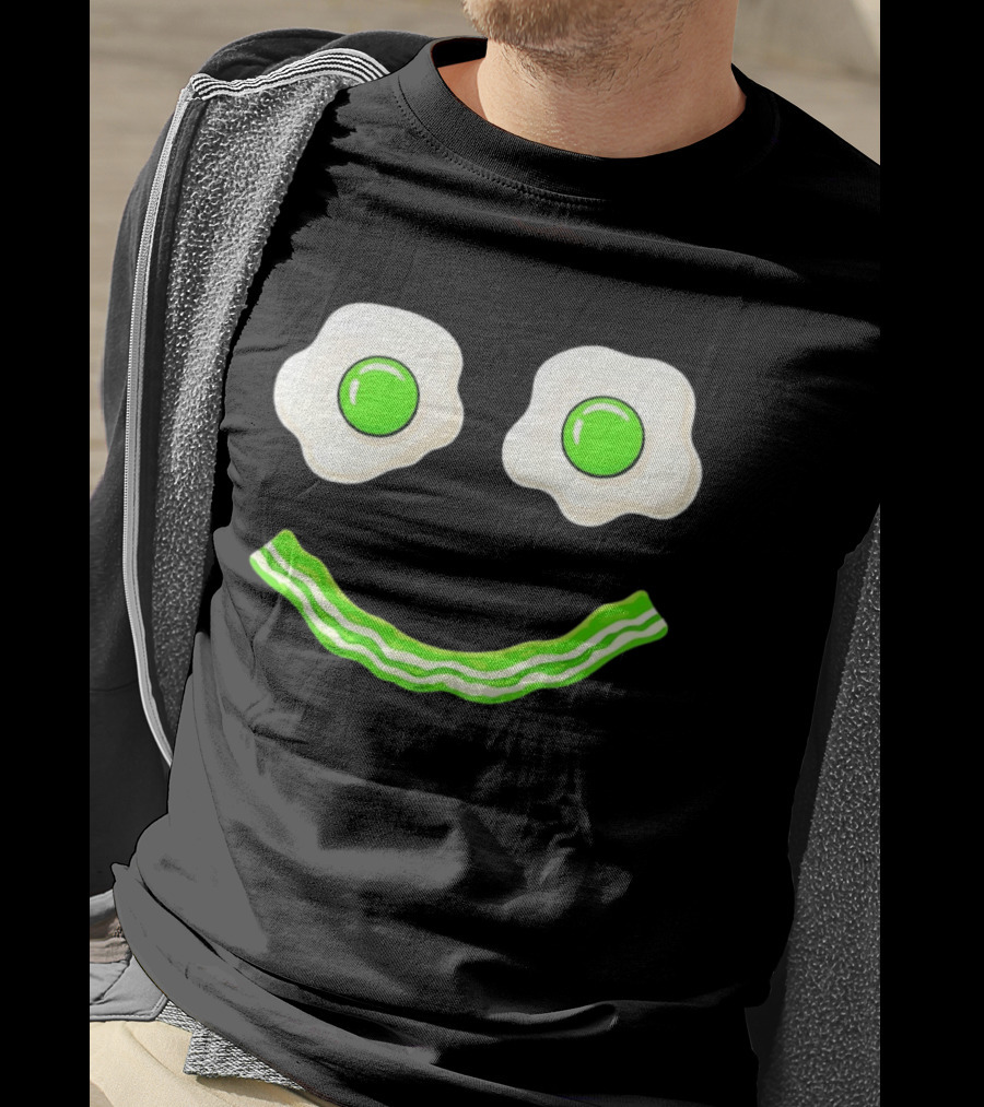 Green Smile Face Eggs And Bacon Ham Breakfast Fun Food Expression T-Shirt