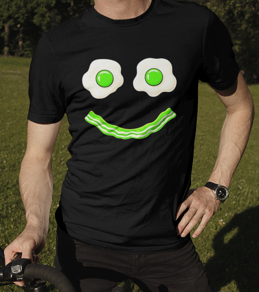 Green Smile Face Eggs And Bacon Ham Breakfast Fun Food Expression T-Shirt