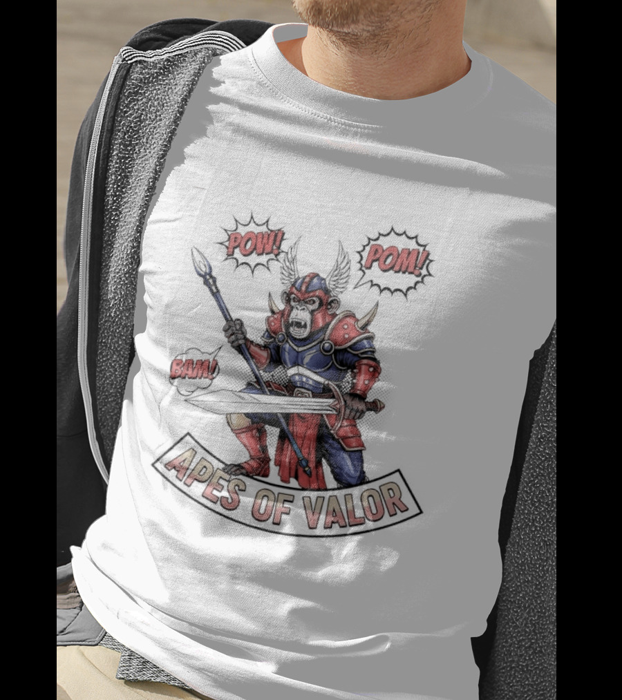 Apes Of Valor Pow Pom Bam Warrior Armor Battle Scene T-Shirt