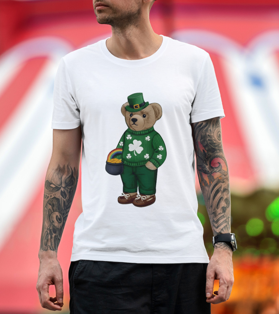 Lucky Teddy Bear Irish St Patricks Day Clover Rainbow Pot of Gold T-Shirt