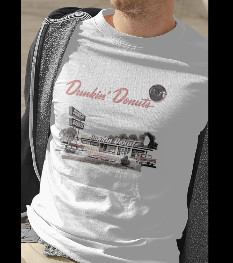 Dunkin Donuts Retro Vintage Coffee Shop Neon Sign And Classic Car Scene T-Shirt