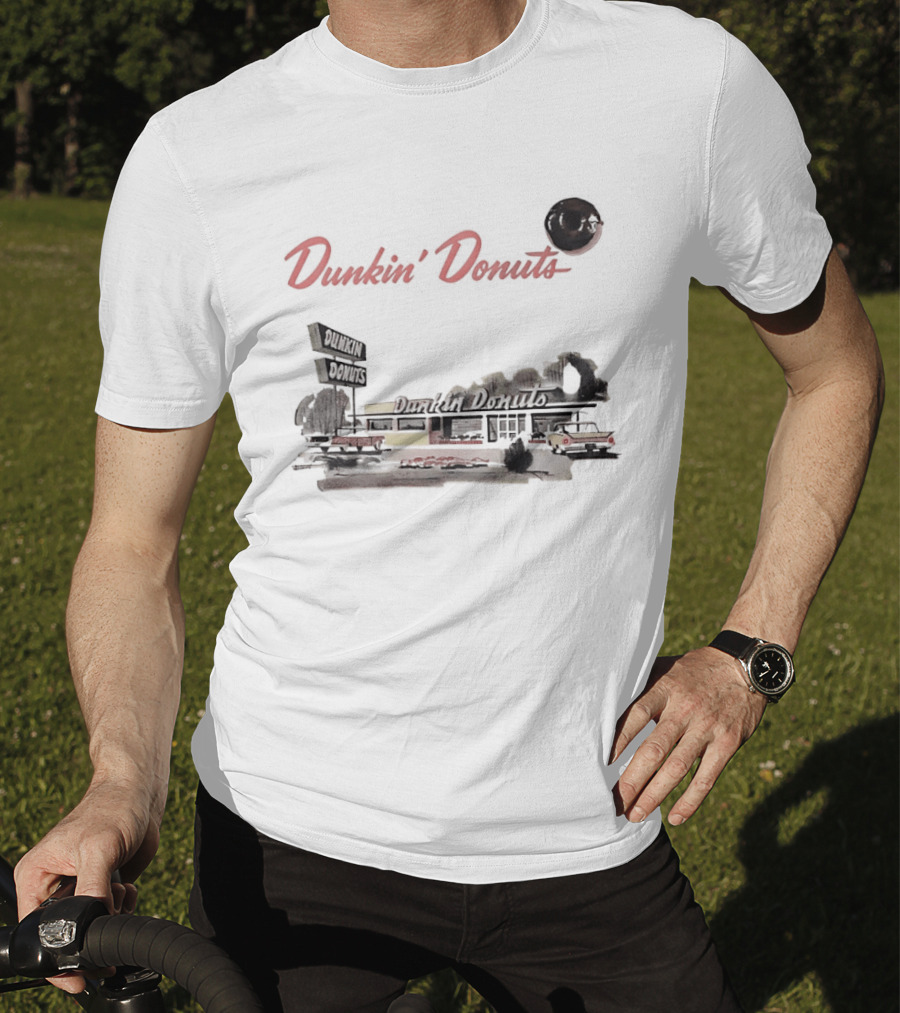 Dunkin Donuts Retro Vintage Coffee Shop Neon Sign And Classic Car Scene T-Shirt