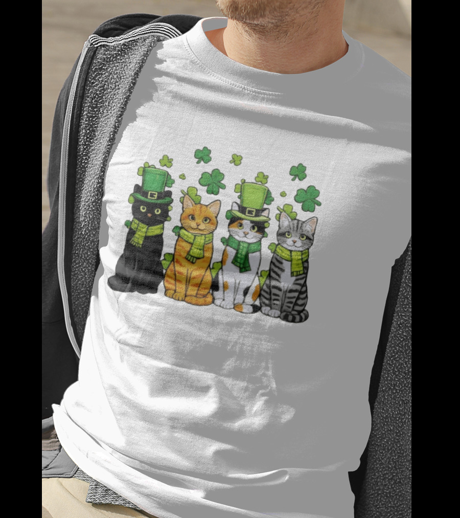 St Catrick's Day Black Cat Orange Tabby Cat Calico Cat And Gray Tabby Cat With Shamrocks And Green St Patrick's Hats T-Shirt