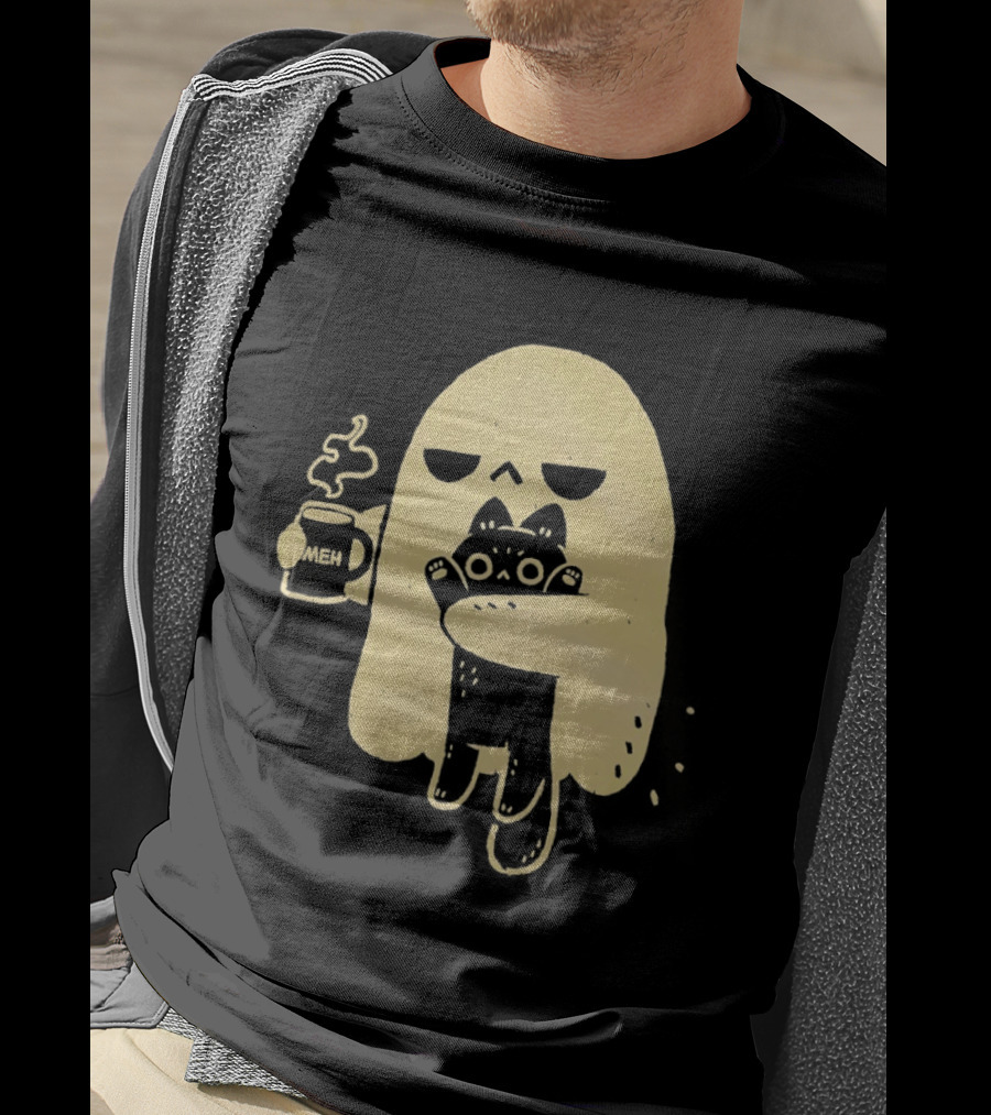Ghost With Cat And Coffee Cup T-Shirt