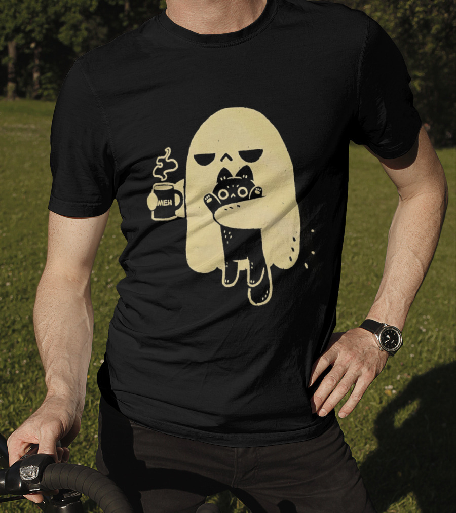 Ghost With Cat And Coffee Cup T-Shirt