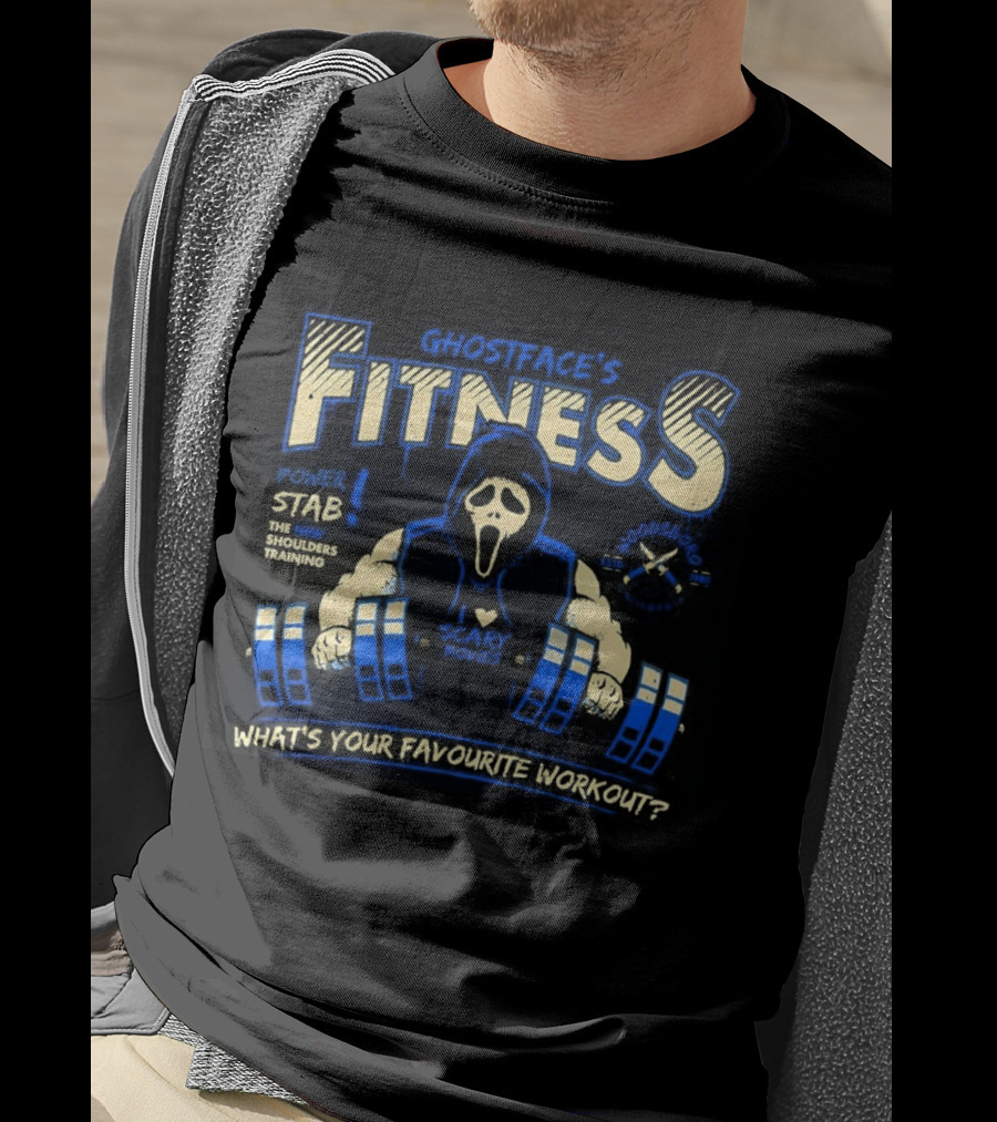 Ghostface Fitness What's Your Favorite Workout Power Stab Shoulder Training T-Shirt