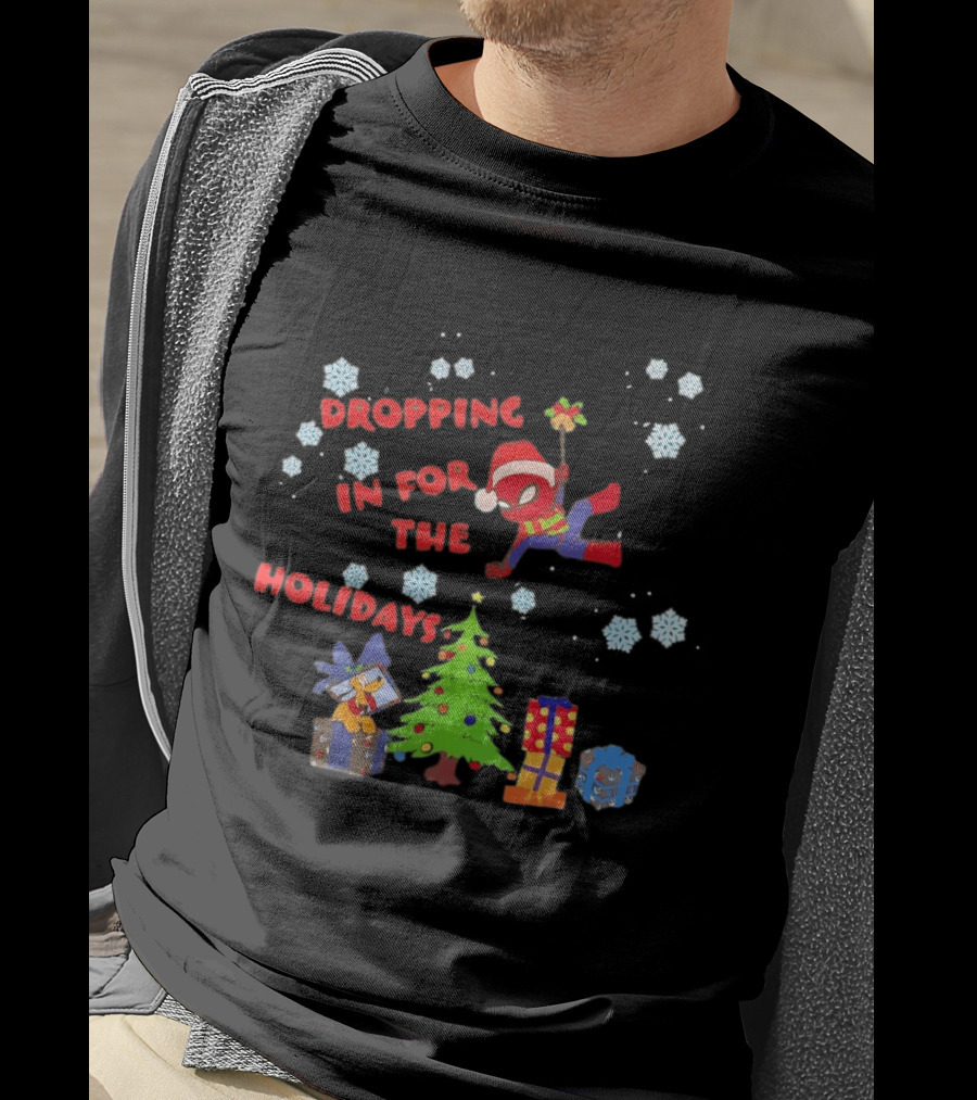 Spider Man Dropping In For The Holidays Christmas Tree Presents Snowflakes T-Shirt