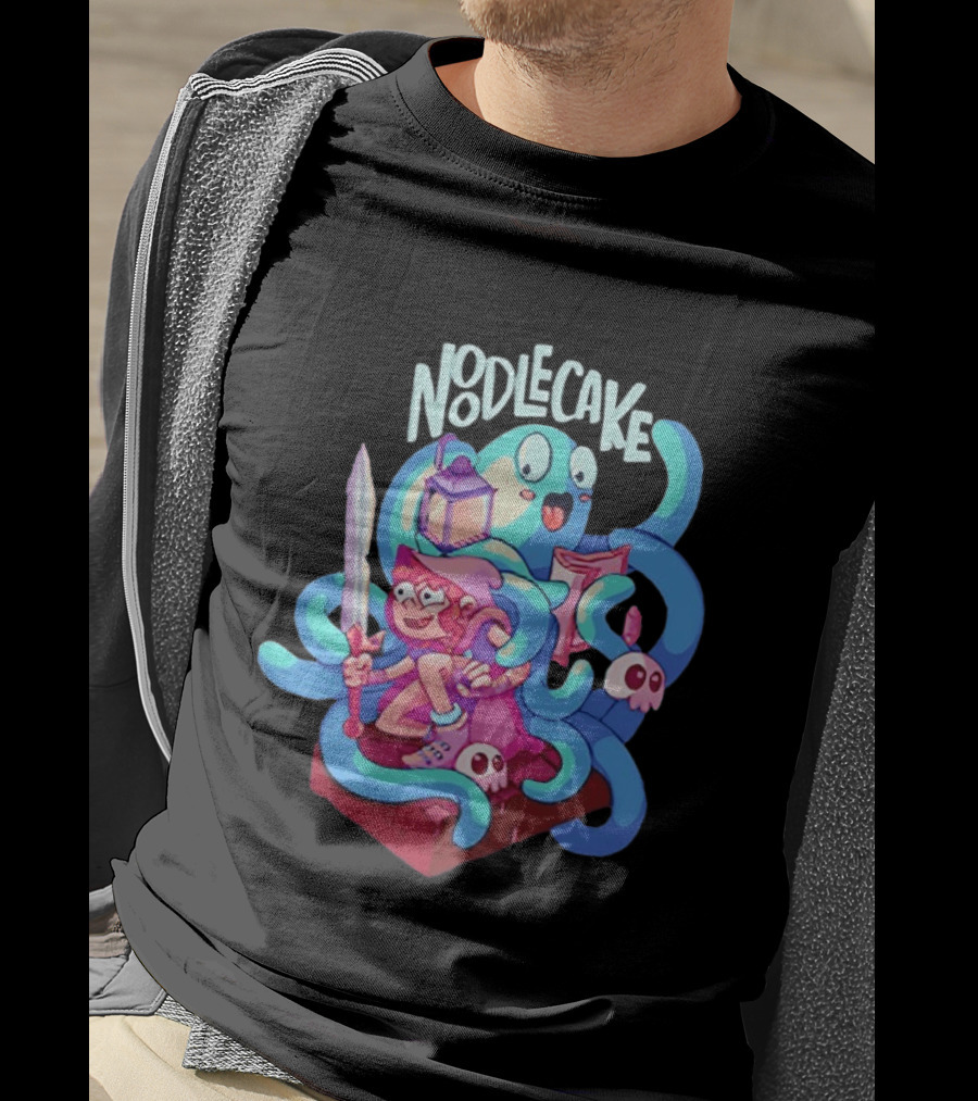 Noodlecake Cartoon Adventurer And Ghost With Sword And Skulls T-Shirt