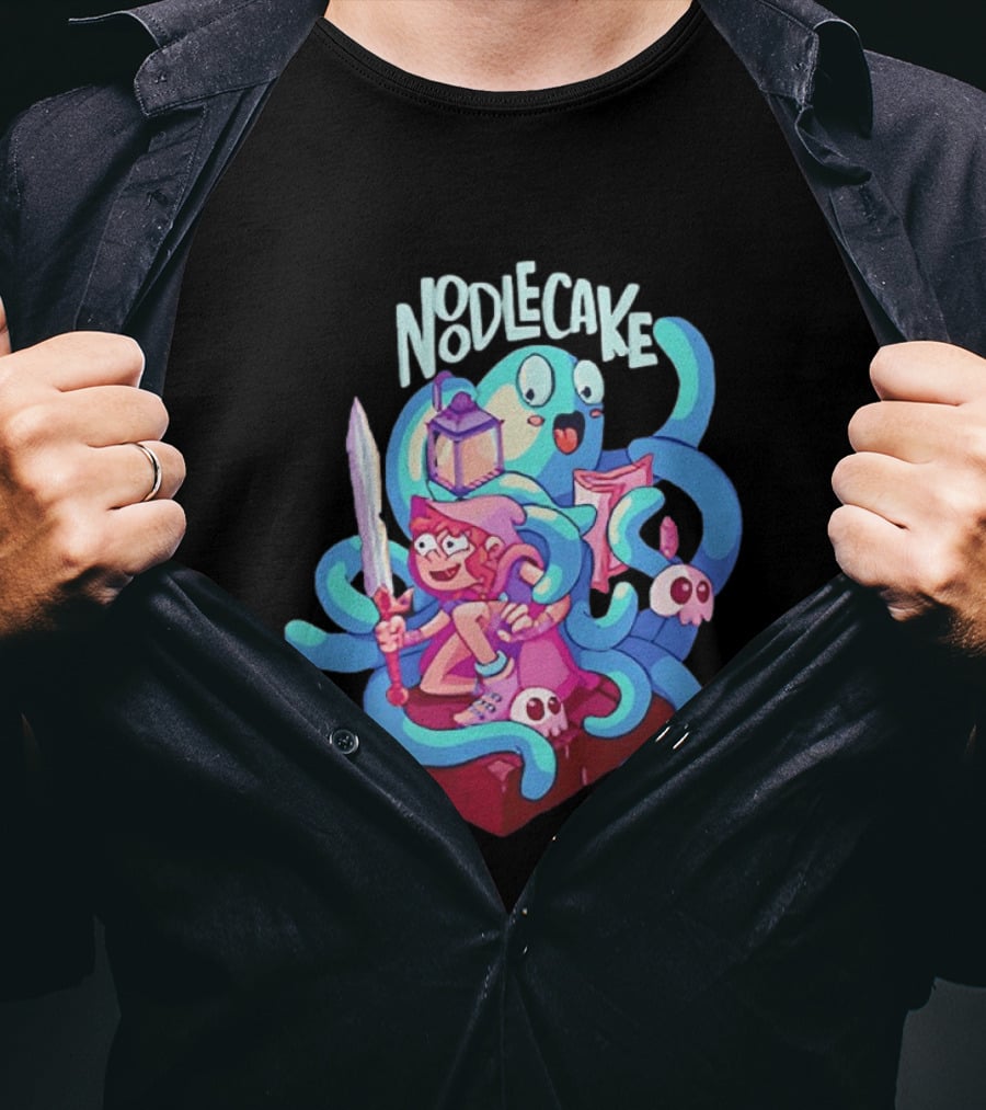 Noodlecake Cartoon Adventurer And Ghost With Sword And Skulls T-Shirt