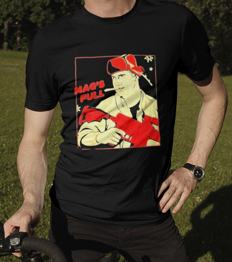 Mag's Full Armed Character With Red Cap And Gun T-Shirt