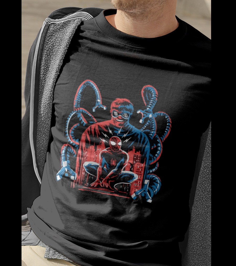 The Shadow Of The Octopus Spider Man And Doctor Octopus Cityscape Showdown T-Shirt