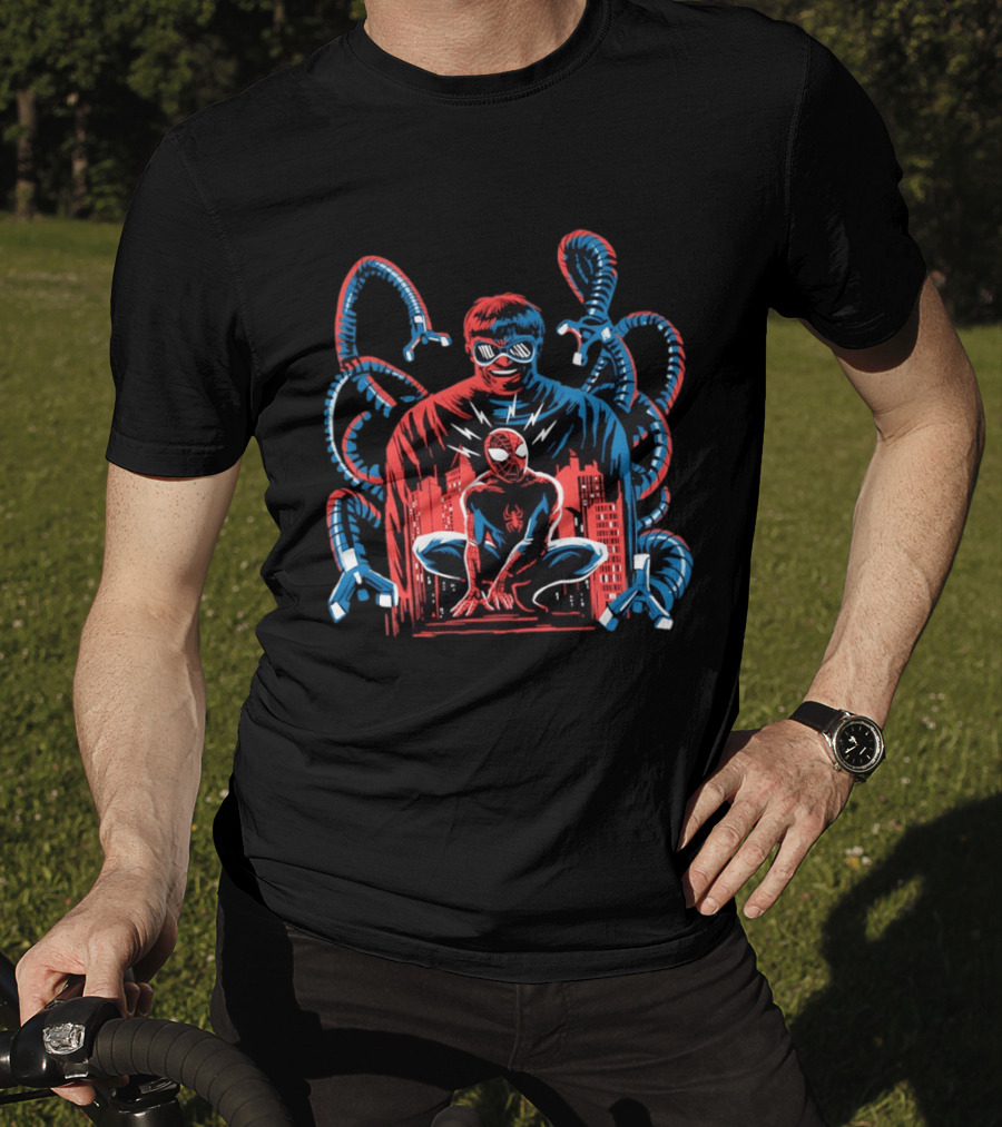The Shadow Of The Octopus Spider Man And Doctor Octopus Cityscape Showdown T-Shirt