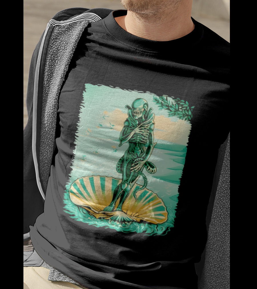 Alien Seated On Seashell The Birth Of Alienus Fusion Renaissance T-Shirt