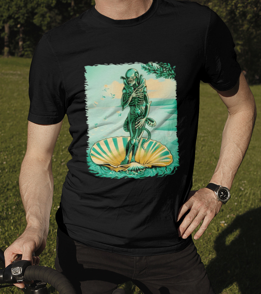 Alien Seated On Seashell The Birth Of Alienus Fusion Renaissance T-Shirt