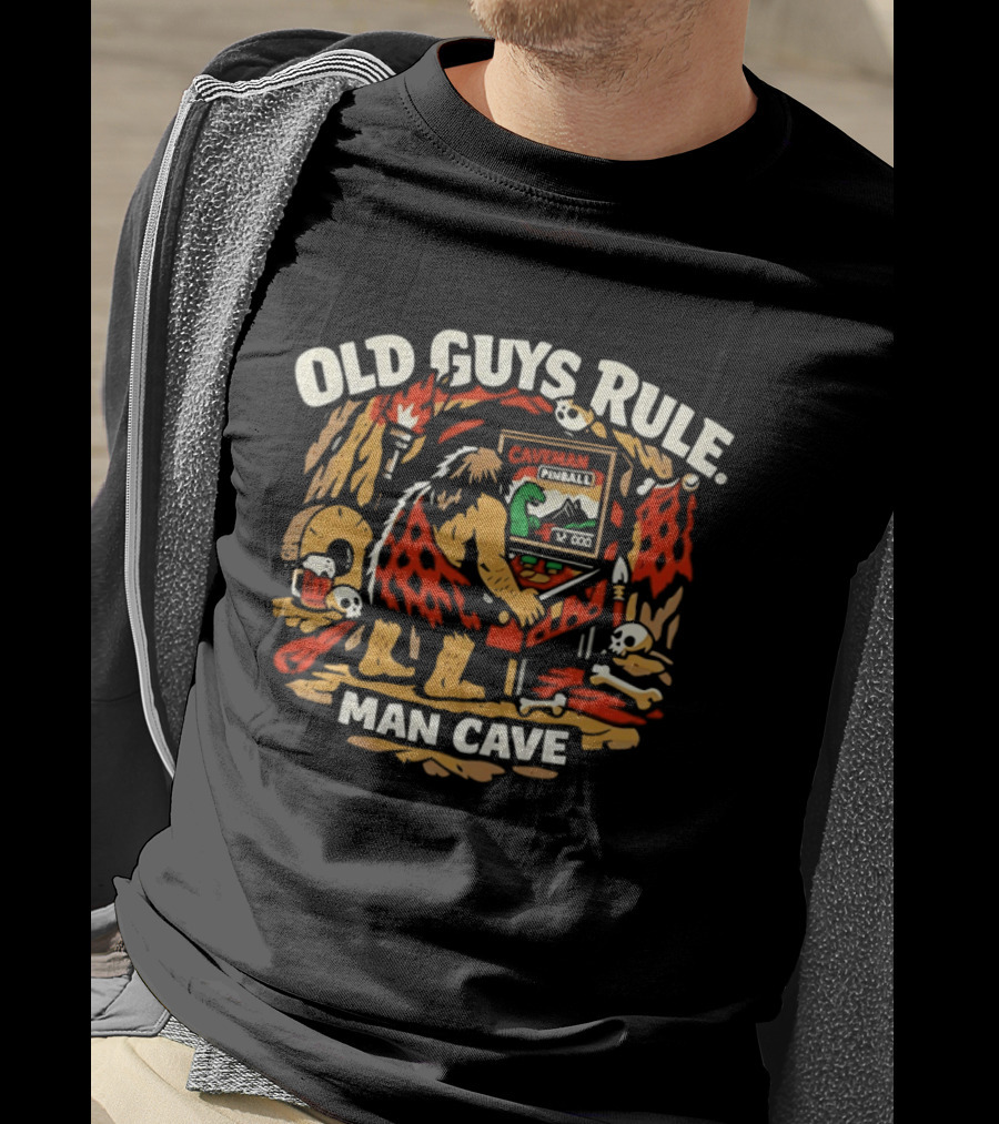 Old Guys Rule Man Cave Caveman Pinball Vintage Humor T-Shirt