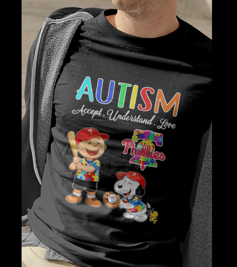 Charlie Brown Snoopy Philadelphia Phillies Autism Awareness Puzzle Piece Accept Understand Love T-Shirt
