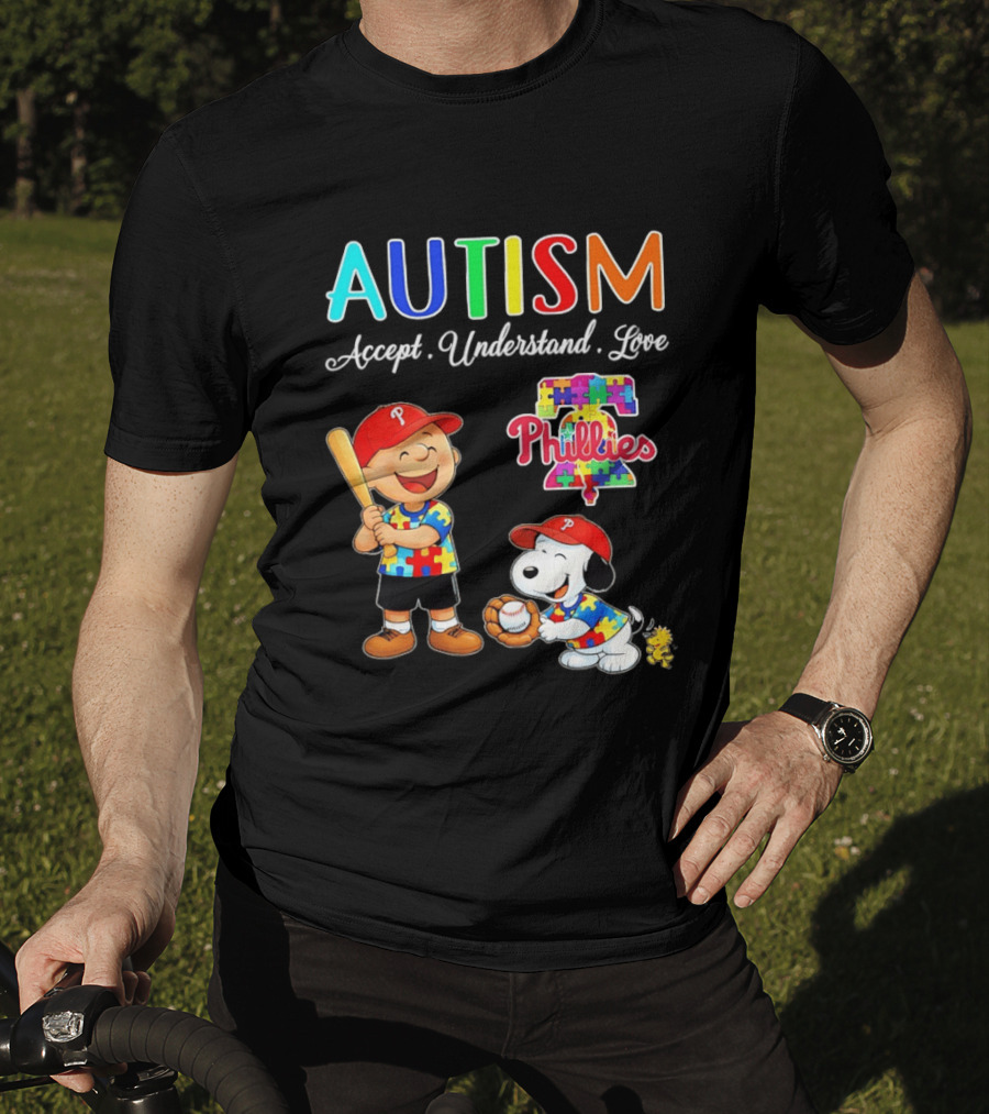 Charlie Brown Snoopy Philadelphia Phillies Autism Awareness Puzzle Piece Accept Understand Love T-Shirt