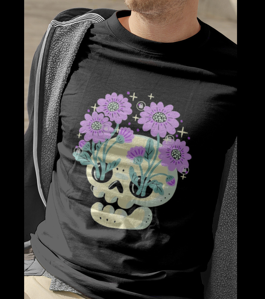 Skull With Purple Flowers And Stars Aesthetic T-Shirt