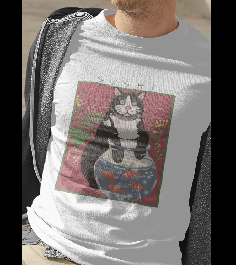 Sushi Cat Holding Fishbowl With Goldfish And Flowers T-Shirt